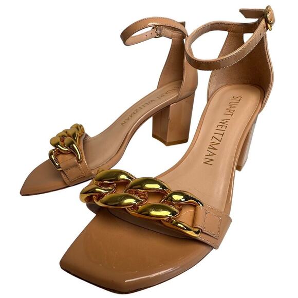 Stuart Weitzman Nude Patent Amelina Gold Chain Block Heel Sandals Sz 6.5B Buckle - Picture 1 of 16